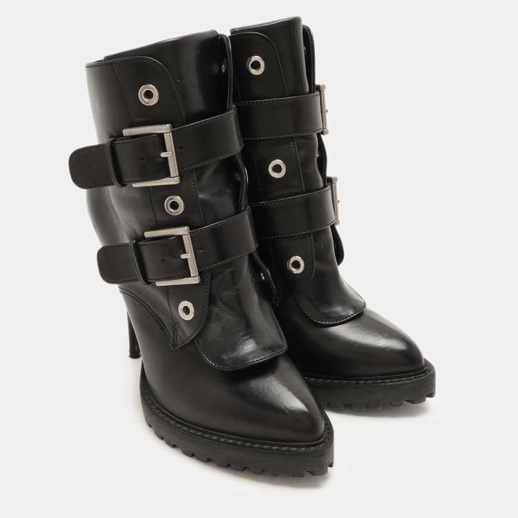 Pre Owned Alexander McQueen Black Leather Buckle Detail Ankle Length Boots Size 38