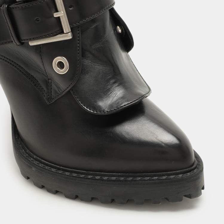 Pre Owned Alexander McQueen Black Leather Buckle Detail Ankle Length Boots Size 38