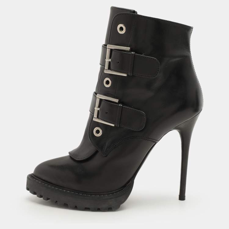 Pre Owned Alexander McQueen Black Leather Buckle Detail Ankle Length Boots Size 38