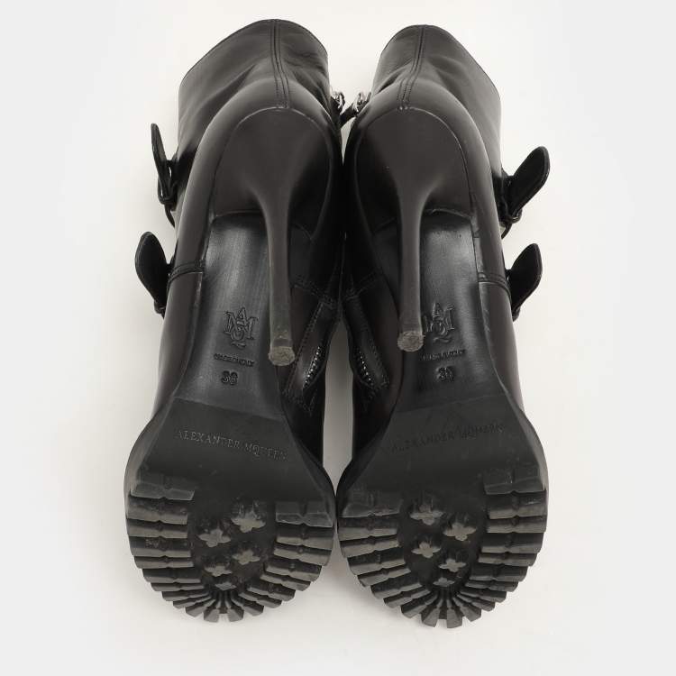 Pre Owned Alexander McQueen Black Leather Buckle Detail Ankle Length Boots Size 38
