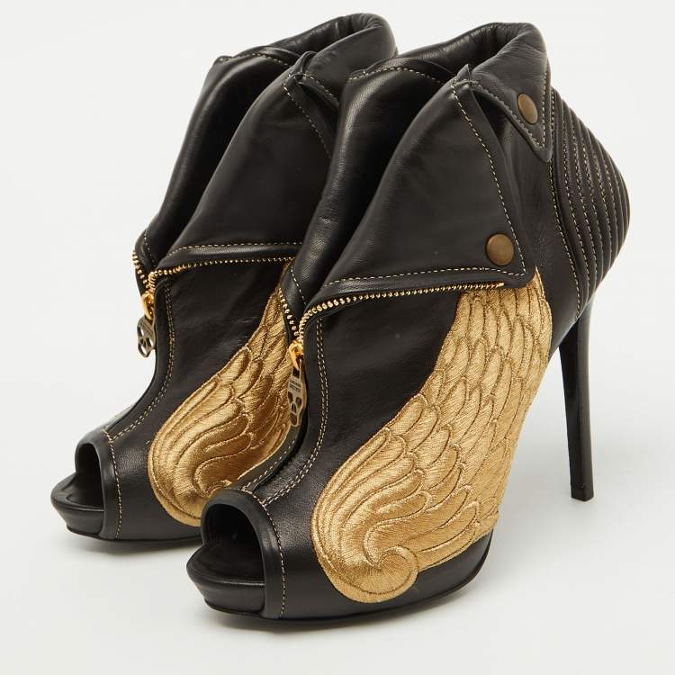 Pre Owned Alexander McQueen Black Leather Wings Embroidered Faithful Ankle Length Boots Size 39