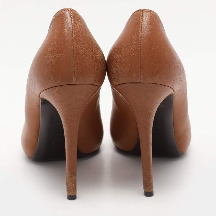 Pre Owned Alexander McQueen Brown Leather Skull Peep Toe Pumps Size 38