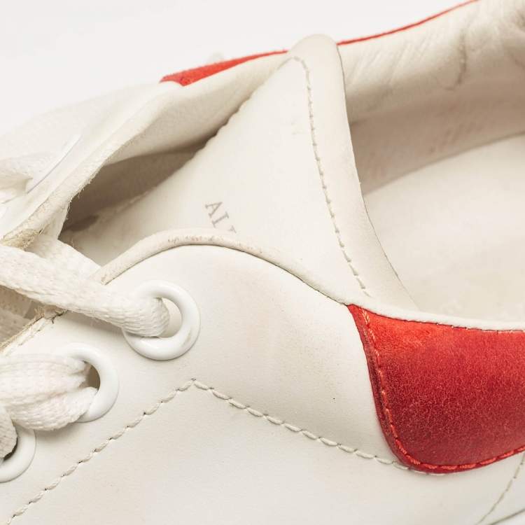 Pre Owned Alexander McQueen White/Red Leather and Suede Oversized Lace Up Sneakers Size 38