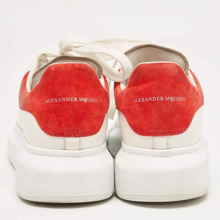 Pre Owned Alexander McQueen White/Red Leather and Suede Oversized Lace Up Sneakers Size 38