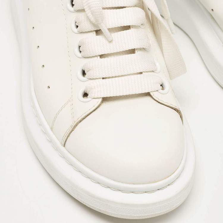 Pre Owned Alexander McQueen White/Red Leather and Suede Oversized Lace Up Sneakers Size 38