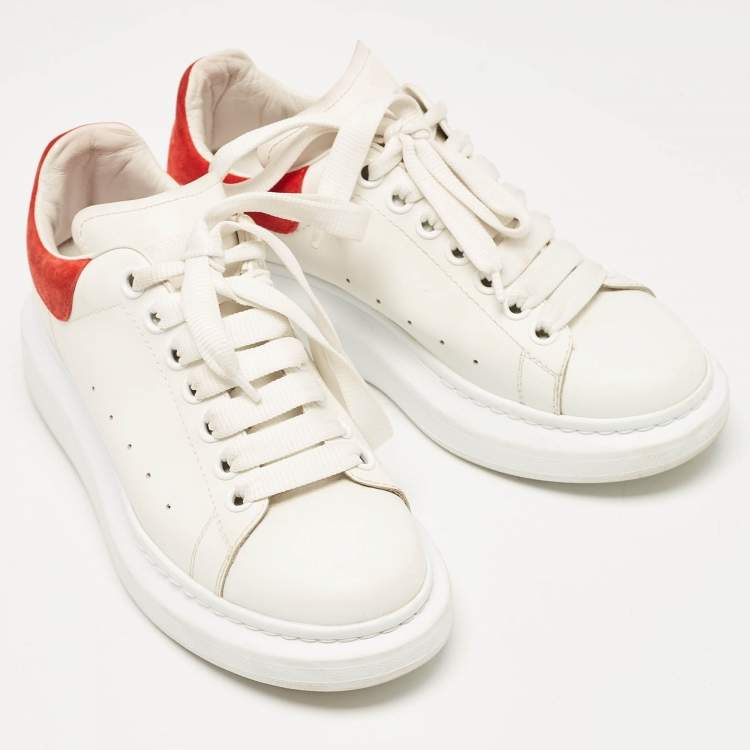 Pre Owned Alexander McQueen White/Red Leather and Suede Oversized Lace Up Sneakers Size 38