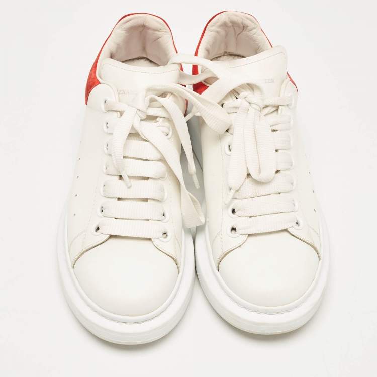 Pre Owned Alexander McQueen White/Red Leather and Suede Oversized Lace Up Sneakers Size 38