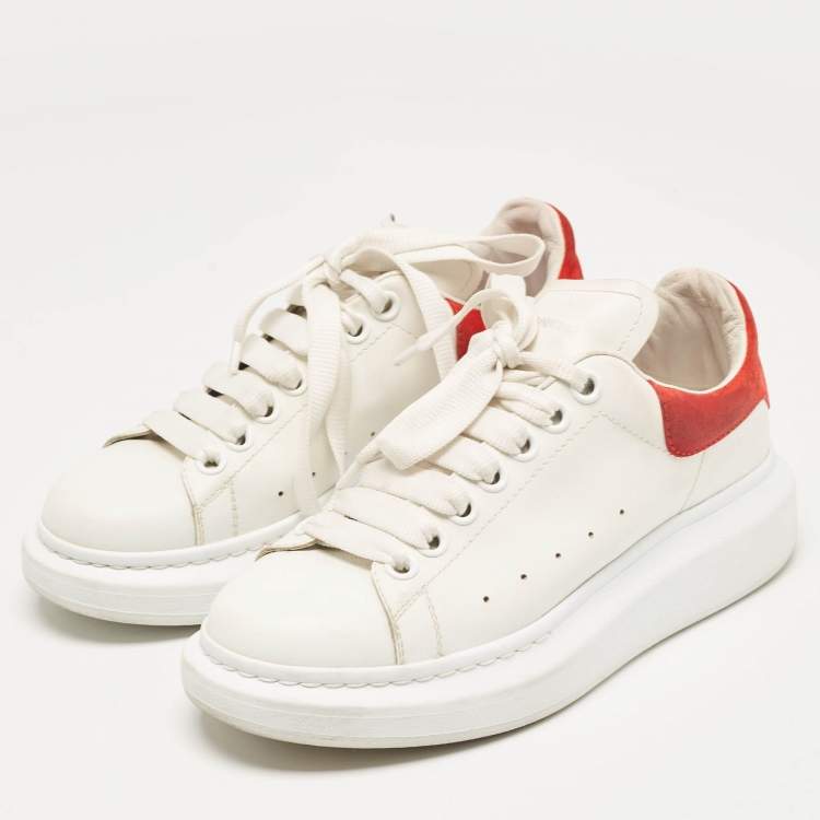 Pre Owned Alexander McQueen White/Red Leather and Suede Oversized Lace Up Sneakers Size 38