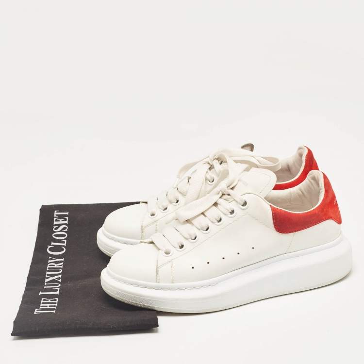 Pre Owned Alexander McQueen White/Red Leather and Suede Oversized Lace Up Sneakers Size 38