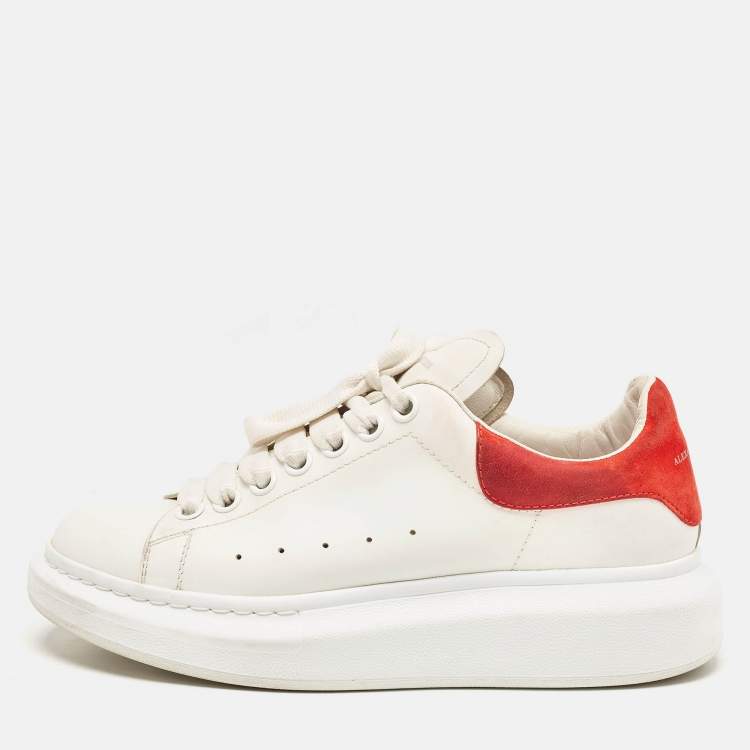Pre Owned Alexander McQueen White/Red Leather and Suede Oversized Lace Up Sneakers Size 38