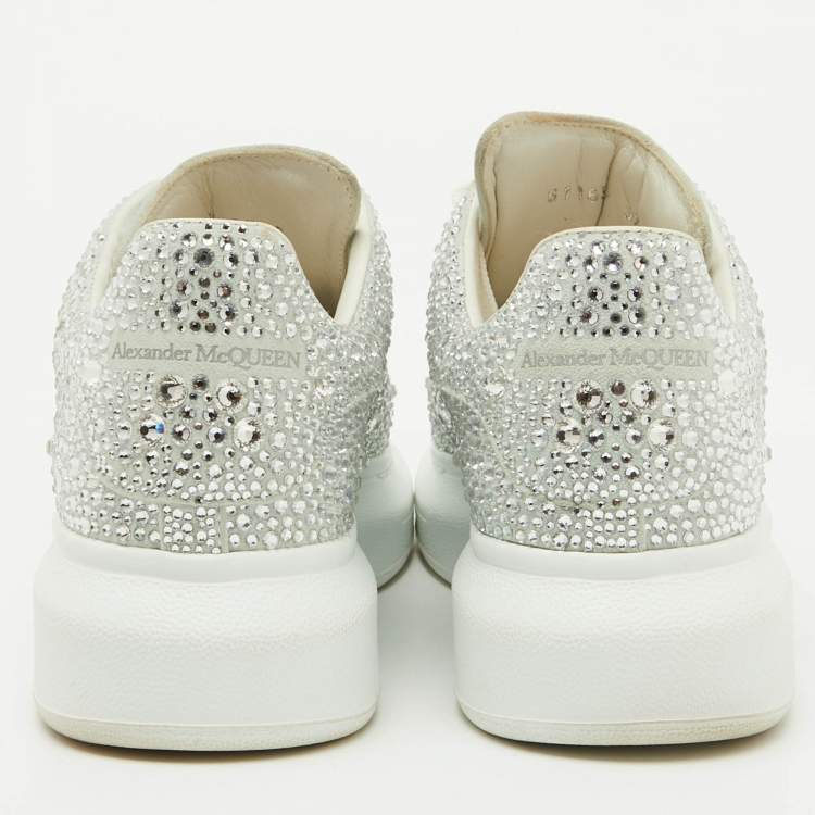 Pre Owned Alexander McQueen Grey Suede Crystal Embellished Oversized Sneakers Size 37