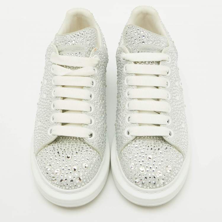 Pre Owned Alexander McQueen Grey Suede Crystal Embellished Oversized Sneakers Size 37