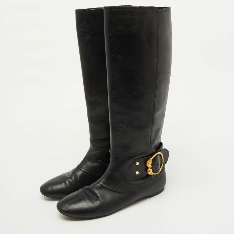 Pre Owned Alexander McQueen Black Leather Buckle Detail Knee length Boots Size 40