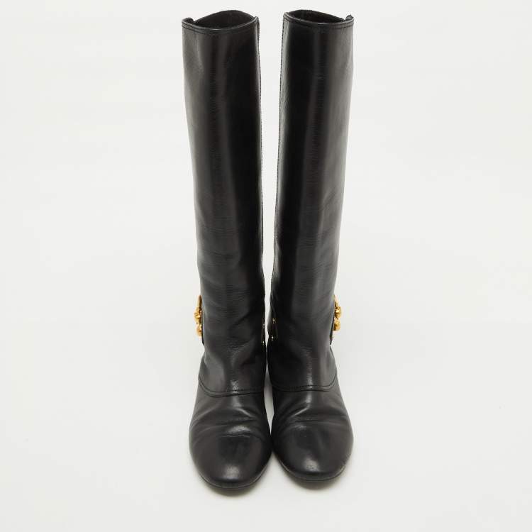Pre Owned Alexander McQueen Black Leather Buckle Detail Knee length Boots Size 40