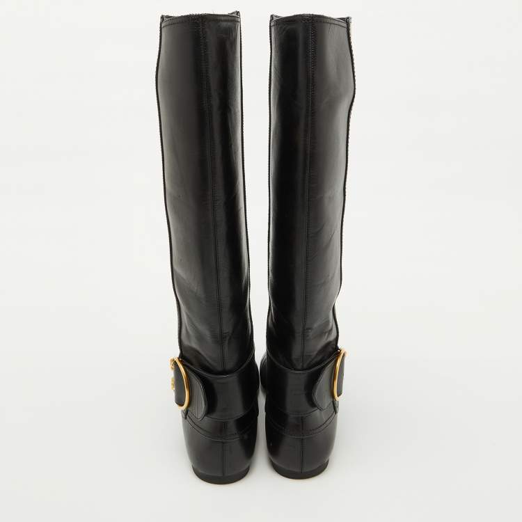 Pre Owned Alexander McQueen Black Leather Buckle Detail Knee length Boots Size 40