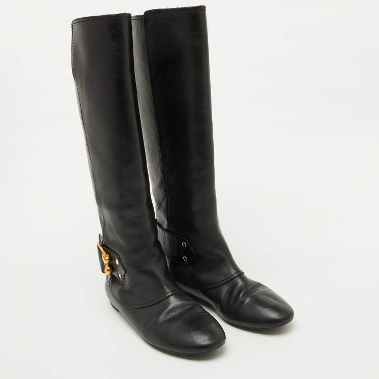 Pre Owned Alexander McQueen Black Leather Buckle Detail Knee length Boots Size 40