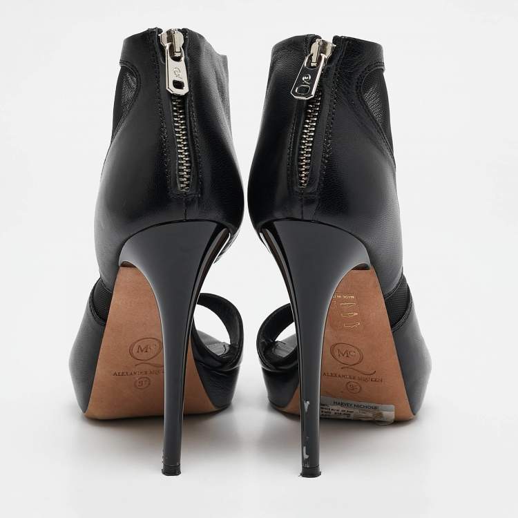 Pre Owned Alexander McQueen Black Leather and Mesh Ankle Length Boots Size 37