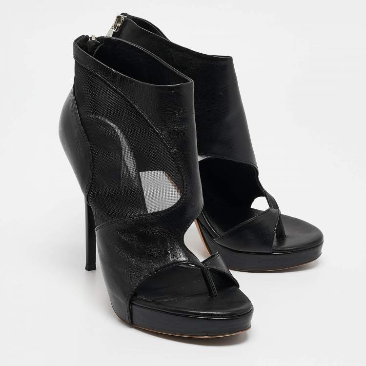 Pre Owned Alexander McQueen Black Leather and Mesh Ankle Length Boots Size 37