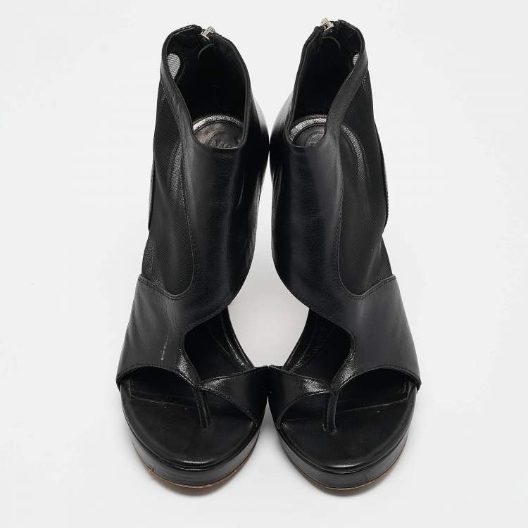 Pre Owned Alexander McQueen Black Leather and Mesh Ankle Length Boots Size 37