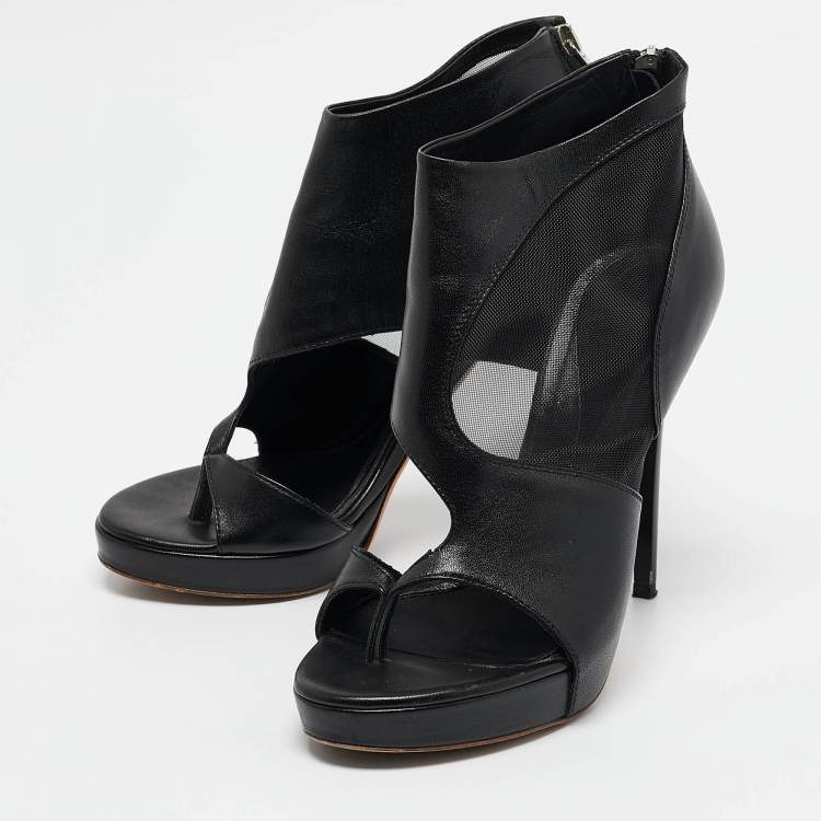 Pre Owned Alexander McQueen Black Leather and Mesh Ankle Length Boots Size 37