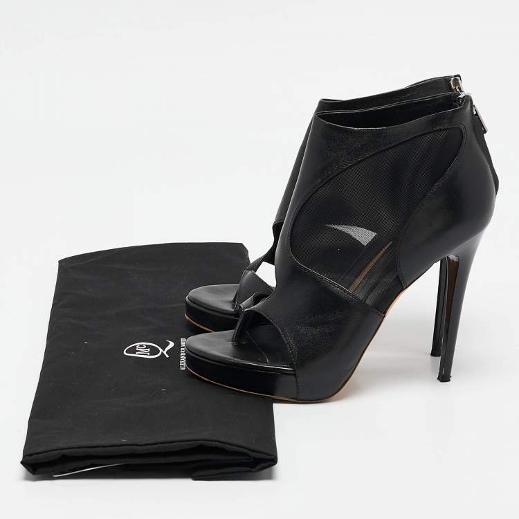Pre Owned Alexander McQueen Black Leather and Mesh Ankle Length Boots Size 37