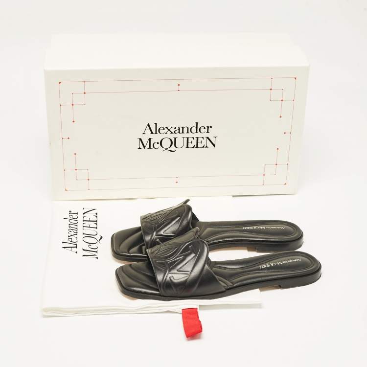 Pre Owned Alexander McQueen Black Leather Seal Flat Slides Size 37