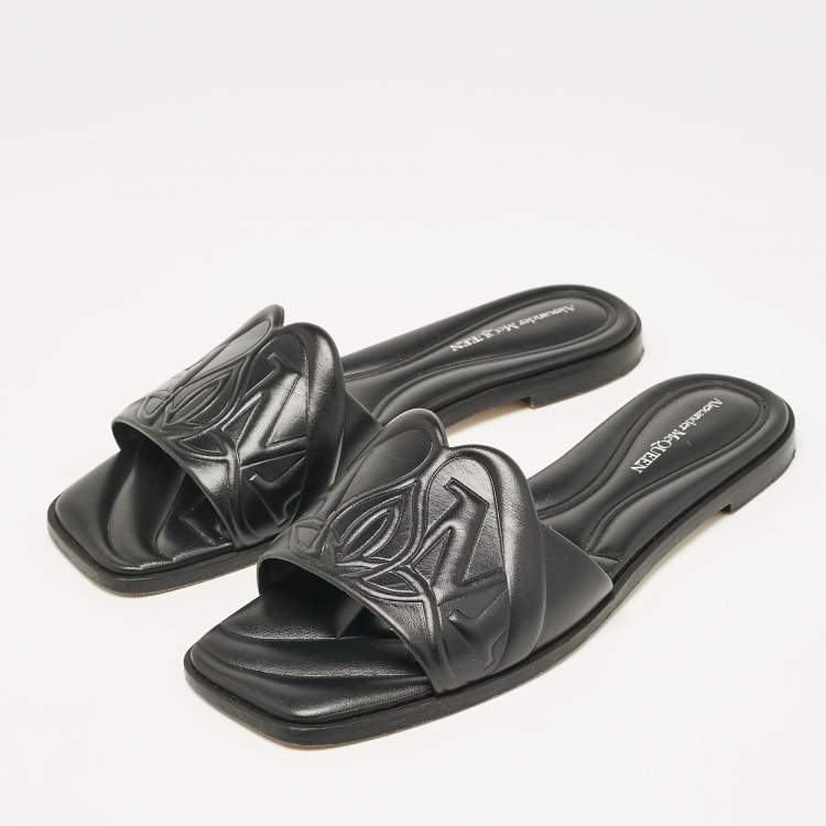 Pre Owned Alexander McQueen Black Leather Seal Flat Slides Size 37