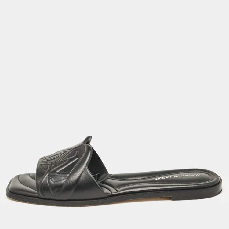 Pre Owned Alexander McQueen Black Leather Seal Flat Slides Size 37