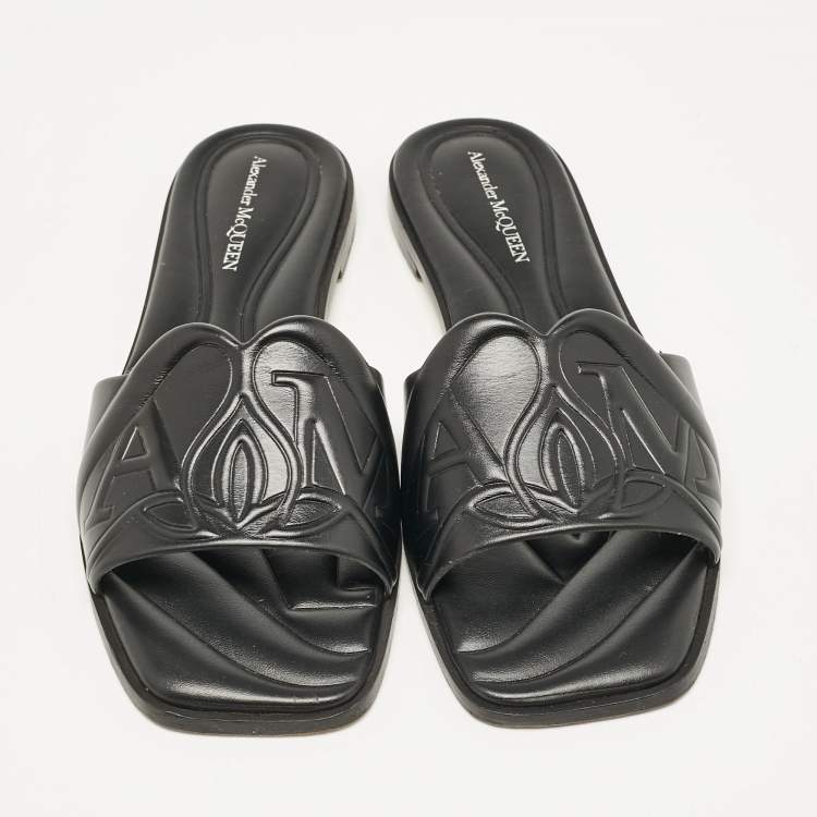 Pre Owned Alexander McQueen Black Leather Seal Flat Slides Size 37