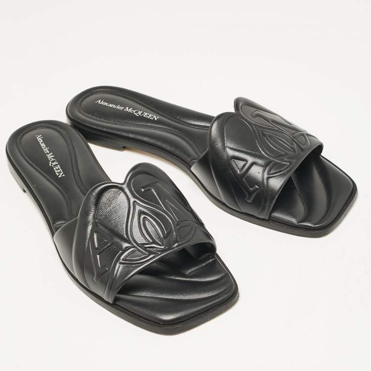 Pre Owned Alexander McQueen Black Leather Seal Flat Slides Size 37