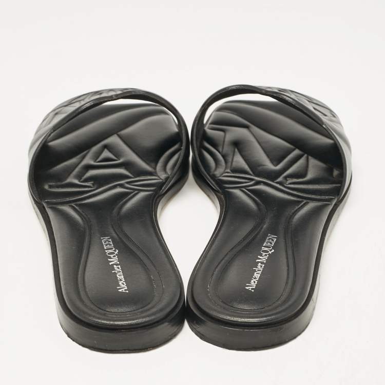 Pre Owned Alexander McQueen Black Leather Seal Flat Slides Size 37
