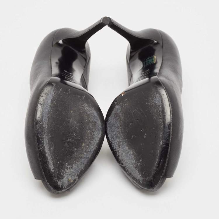 Pre Owned Alexander McQueen Black Leather Crystal Embellished Skull Peep-Toe Pumps Size 38.5