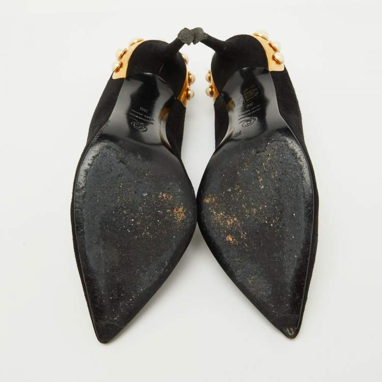 Pre Owned Alexander McQueen Black Suede Gold Trimmed Faux Pearl Pumps Size 39