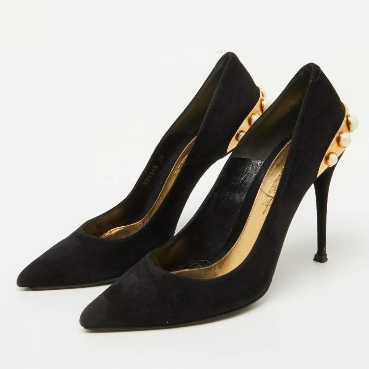 Pre Owned Alexander McQueen Black Suede Gold Trimmed Faux Pearl Pumps Size 39