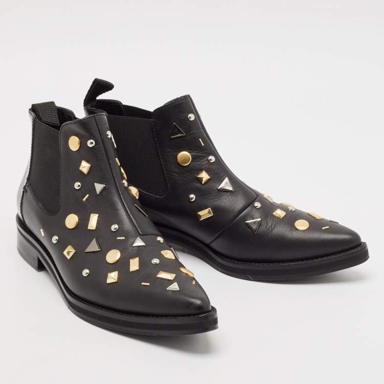 Pre Owned Alexander McQueen Black Leather Studded Ankle Length Boots Size 37