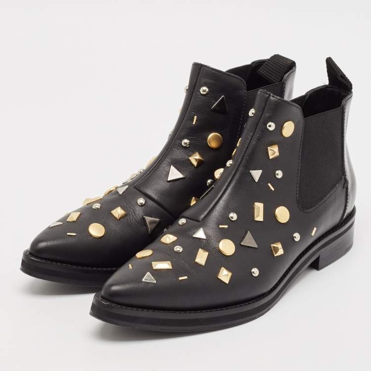 Pre Owned Alexander McQueen Black Leather Studded Ankle Length Boots Size 37