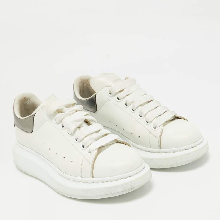 Pre Owned Alexander McQueen White/Metallic Leather Oversized Lace Up Sneakers Size 38.5