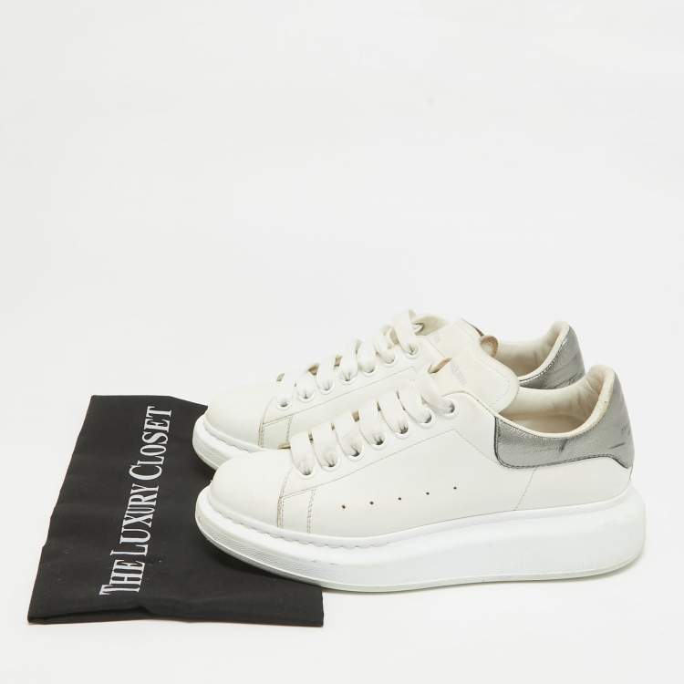 Pre Owned Alexander McQueen White/Metallic Leather Oversized Lace Up Sneakers Size 38.5