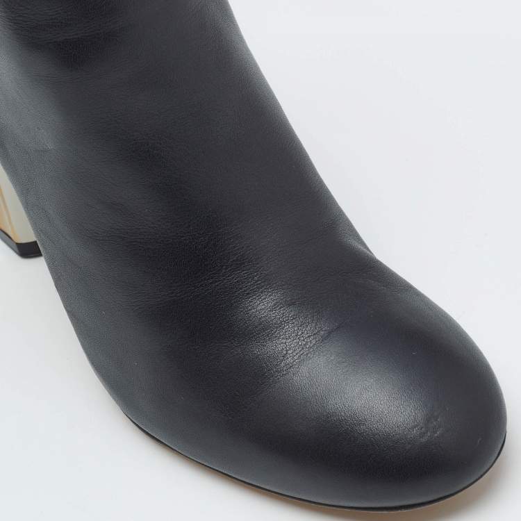 Pre Owned Alexander McQueen Black Leather Sculpted Heel Mid Calf Boots Size 37