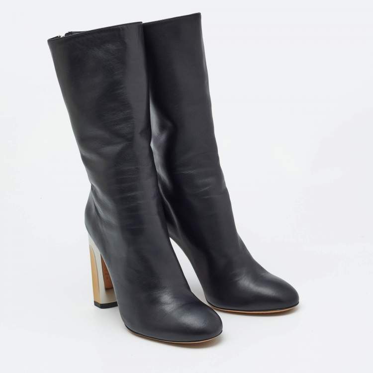 Pre Owned Alexander McQueen Black Leather Sculpted Heel Mid Calf Boots Size 37