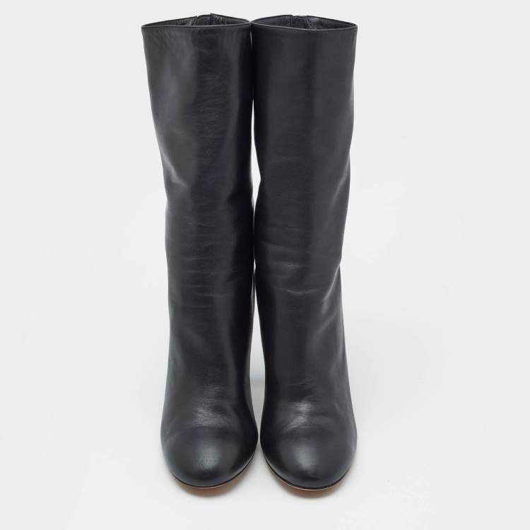 Pre Owned Alexander McQueen Black Leather Sculpted Heel Mid Calf Boots Size 37