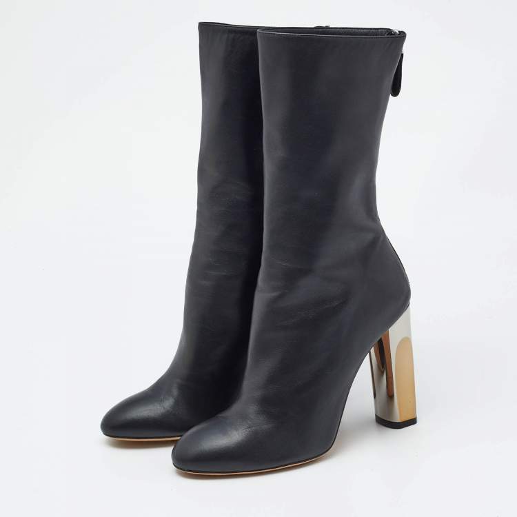Pre Owned Alexander McQueen Black Leather Sculpted Heel Mid Calf Boots Size 37