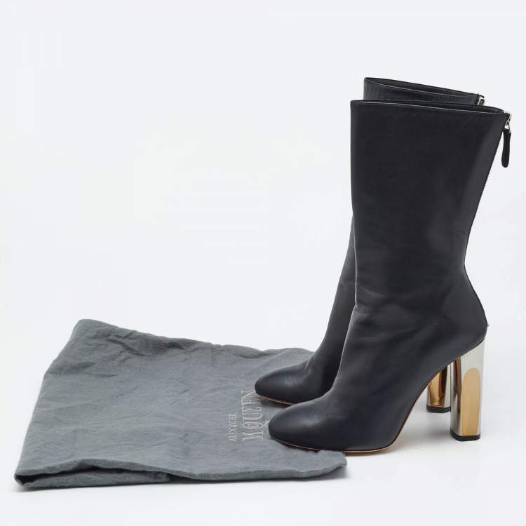 Pre Owned Alexander McQueen Black Leather Sculpted Heel Mid Calf Boots Size 37
