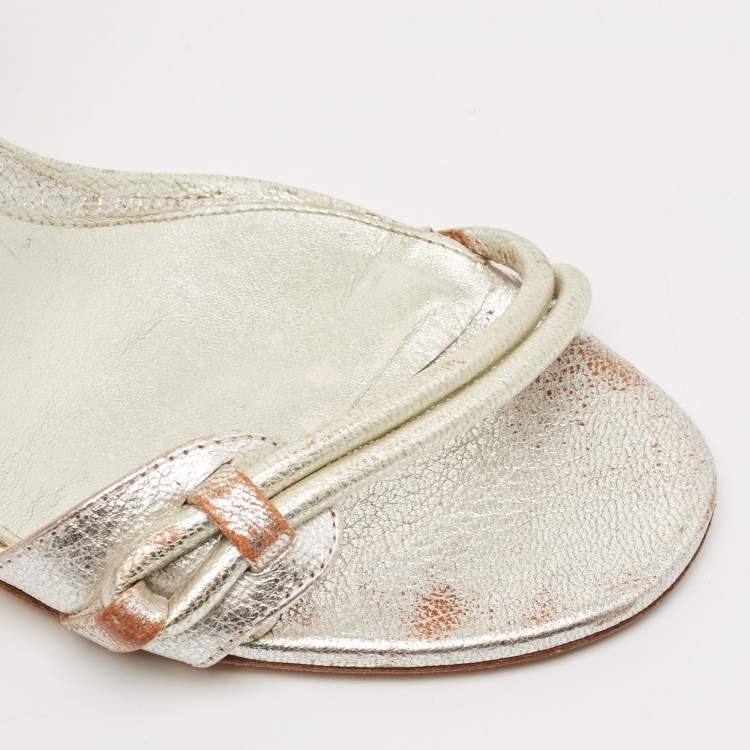 Pre Owned Alexander McQueen Silver Leather Ankle Strap Sandals Size 37