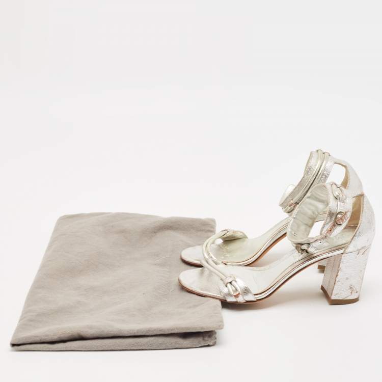 Pre Owned Alexander McQueen Silver Leather Ankle Strap Sandals Size 37