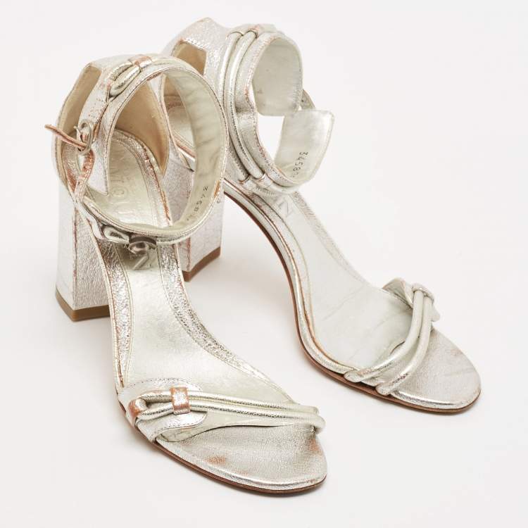 Pre Owned Alexander McQueen Silver Leather Ankle Strap Sandals Size 37