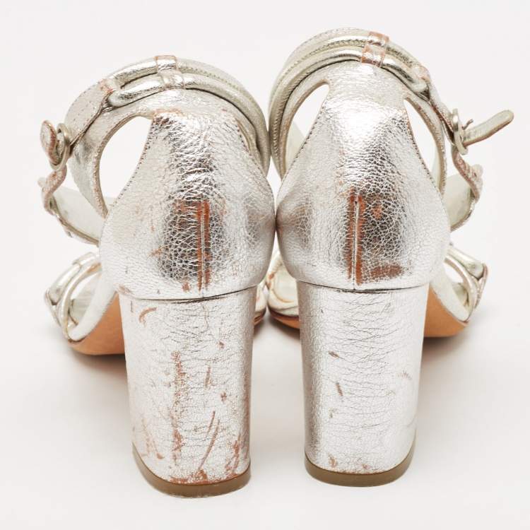 Pre Owned Alexander McQueen Silver Leather Ankle Strap Sandals Size 37