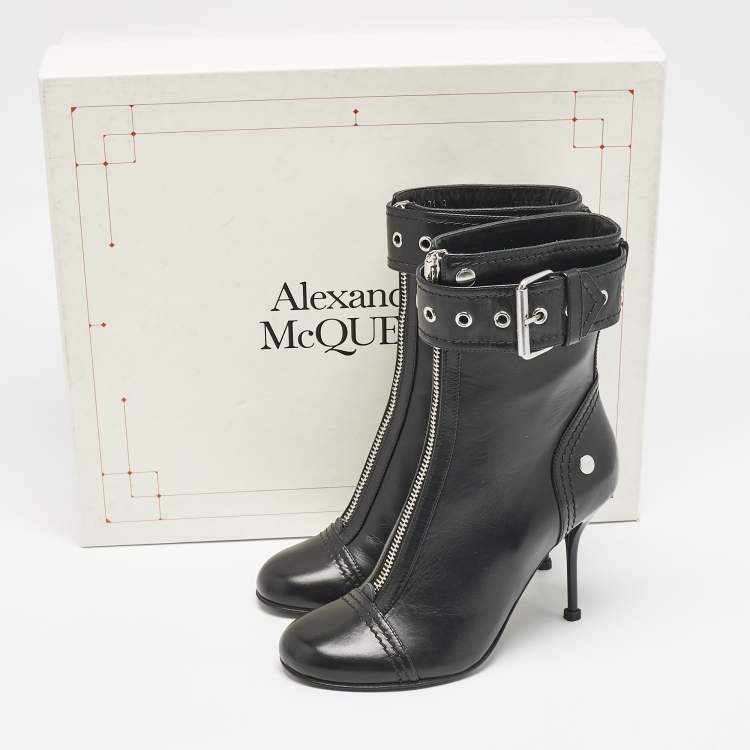 Pre Owned Alexander McQueen Black Buckled Leather Ankle Boots Size 38
