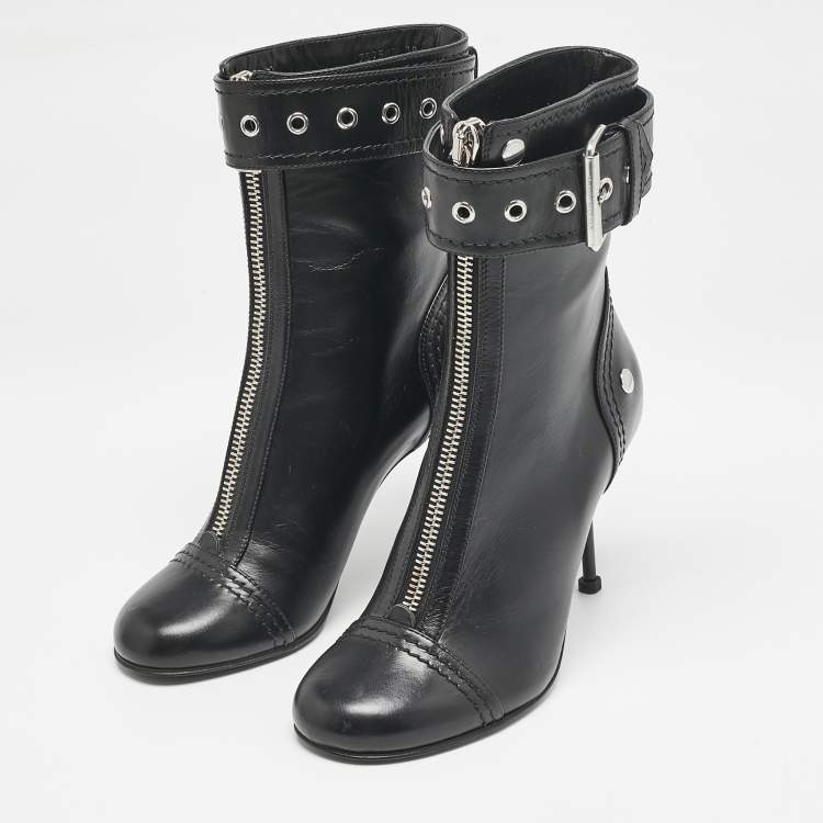 Pre Owned Alexander McQueen Black Buckled Leather Ankle Boots Size 38