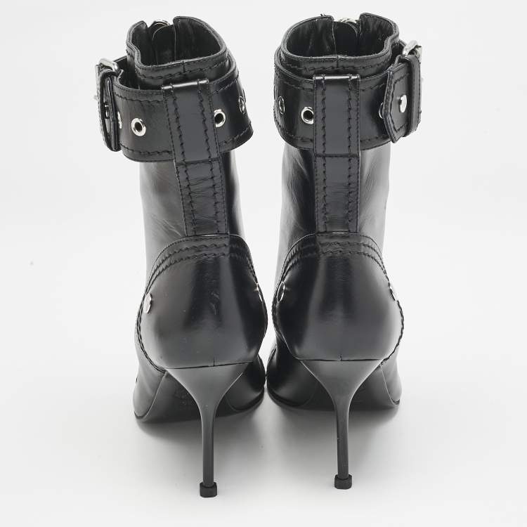 Pre Owned Alexander McQueen Black Buckled Leather Ankle Boots Size 38
